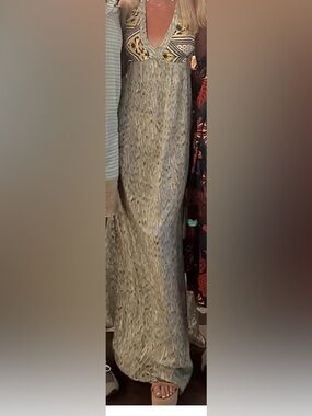 Zara Printed V-Neck Maxi Dress in Beige and Yellow Accents